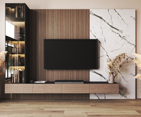Classic luxury TV wall mock up with lighting. Modern interior of light beige living room with cabinet for tv on marble wall background. 3d rendering. High quality 3d illustration