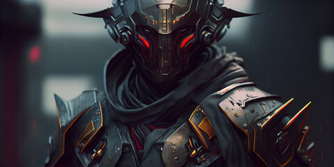 Fototapeta premium Armed samurai and Japanese street with blurred neon lights at night on background. Generative AI.