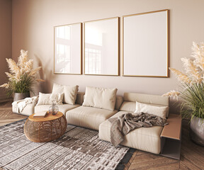 Scandi interior design with beige sofa,wooden boho table and carpet in modern coastal living room. Frame wall mock up. 3d render. High quality 3d illustration - obrazy, fototapety, plakaty