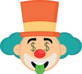 vector illustration face of a cartoon clown with the dollar symbol in the eyes and tongue