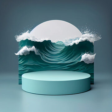 Podium or platform for product presentation display with sea or ocean scene. Generative AI