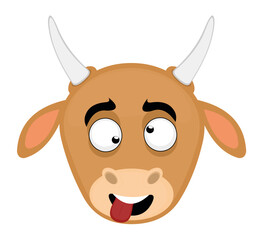 vector illustration cow face cartoon with an expression of madness, with eyes vizco and tongue out