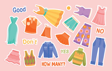 Warderobe clothes set. Stickers for social networks and messengers. Male and female sweaters, t-shirts and jeans. Dress annd skirt. Cartoon flat vector illustrations isolated on pink background