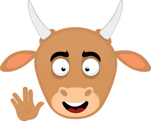 vector illustration face of a cartoon cow with a happy expression and doing the classic vulcan salute with his hand