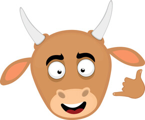 vector illustration face of a cartoon cow with a happy expression and making a call me or shake gesture with his hand