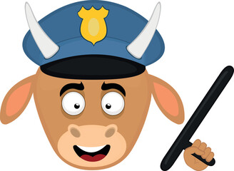 vector illustration cow face police cartoon with a nightstick in hand