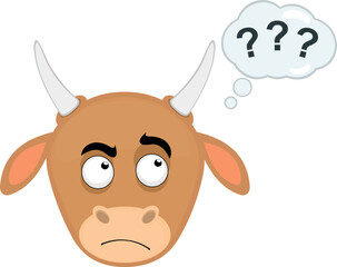 vector illustration face of a cow cartoon with a thinking expression or doubt, with a cloud thought with question marks