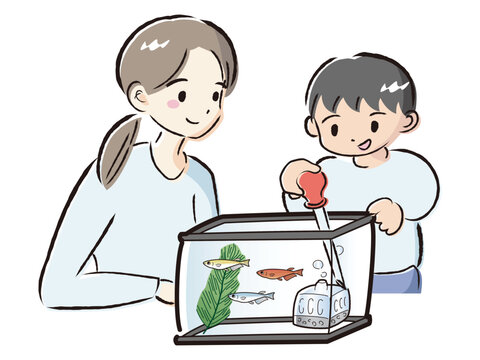 recommend clip art: メダカのお世話をする親子（水換え）