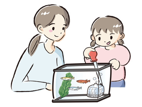 recommend clip art: メダカのお世話をする親子（水換え）