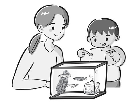 recommend clip art: メダカのお世話をする親子（エサやり）