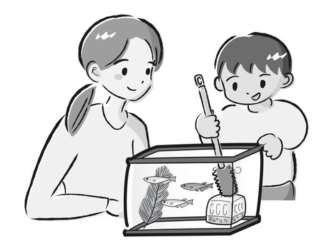 recommend clip art: メダカのお世話をする親子（水槽の掃除）