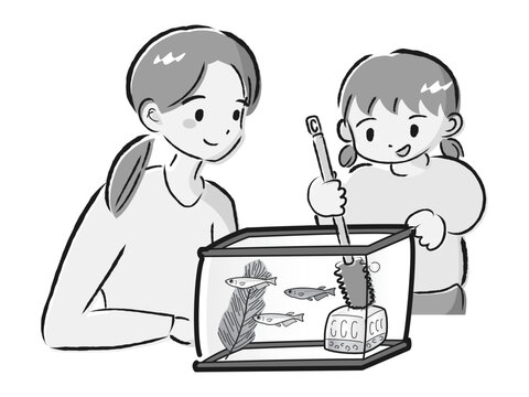 recommend clip art: メダカのお世話をする親子（水槽の掃除）