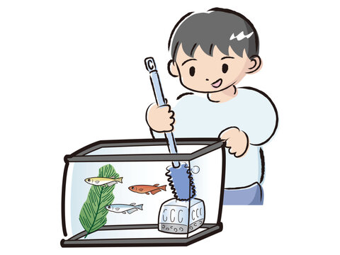 recommend clip art: メダカのお世話をする男の子（水槽の掃除）