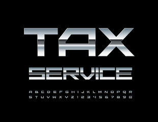 Vector financial sign Tax Service. Glossy silver Font. Steel modern Alphabet Letters and Numbers set