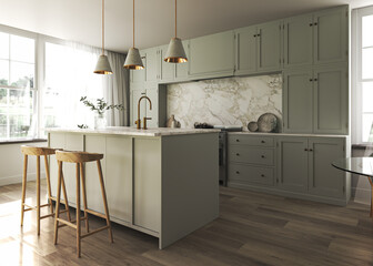 Japandi modern scandinavian style apartment kitchen interior design. Decoration with green pastel counter, wooden cabinet and marble counter top. 3d rendering. High quality 3d illustration © Viktoria Kovalchuk