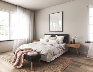 Modern scandinavian and Japandi style bedroom interior design with bed white color. Wooden table and floor, mock up frame wall. 3d render. High quality 3d illustration © Viktoria Kovalchuk