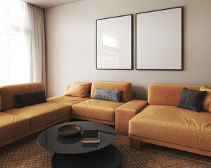 Home mockup two picture frame. Beige living room interior design with natural orange furniture. Scandi boho style interior background. 3d render. High quality 3d illustration