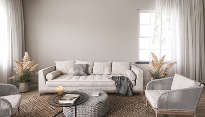 Blank mock up in scandinavian style living room interior. Modern living room interior background. Beige sofa and pampas grass. 3d rendering. High quality 3d illustration © Viktoria Kovalchuk