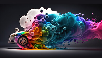 Abstract car shrouded in colorful smoke. generative AI