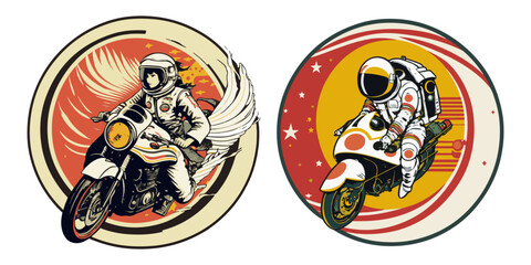Vector illustration of a flying astronaut on a motorcycle on a white background