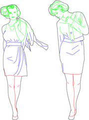 Sketch vector illustration of a young couple posing for a walk on the catwalk