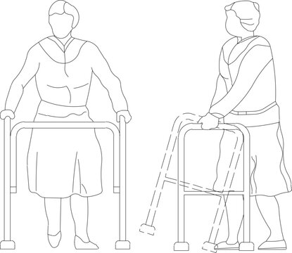 Vector sketch detailed illustration of a disabled person using a walker