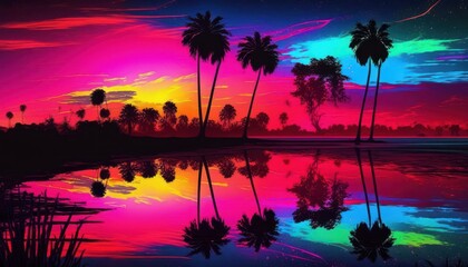 Fototapeta na wymiar Abstract Neon Sunset Poster of Tropical Island - Generative AI Illustration