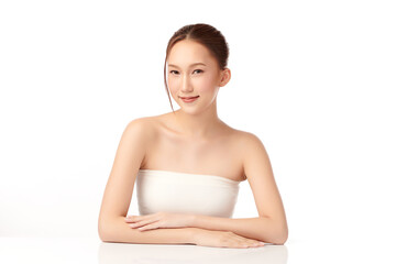Fototapeta premium Beautiful young asian woman with clean fresh skin on white background, Face care, Facial treatment, Cosmetology, beauty and spa, Asian women portrait.