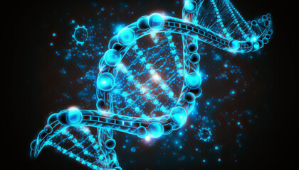 Glowing blue neon DNA chain. Biochemical biotechnology. Generative ai.
