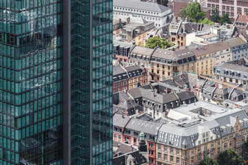 aerial view of a skyscraper and old townhouses in Frankfurt am Main, Germany