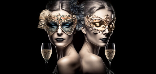 Two sexy model woman with glass of champagne wearing venetian masquerade mask black and gold makes eye contact. Cosplay, Venetian mask. Mardi Gras Mask, AI generativ