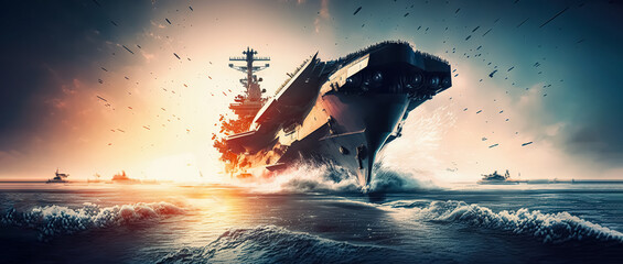 Aircraft carrier crossing the ocean. digital ai art - obrazy, fototapety, plakaty