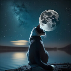 Cat looking at the Moon, made with Generative AI