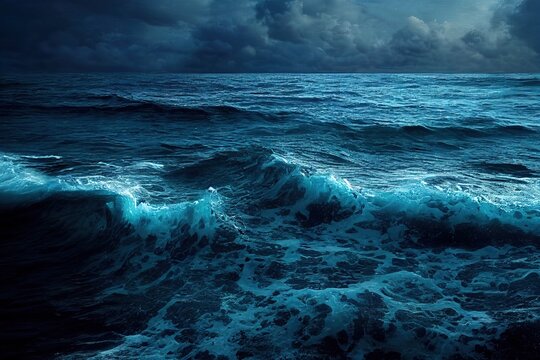 paysage de mer agit&eacute;e et sombre avec vagues et &eacute;cume, ciel nuageux