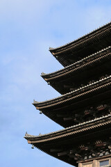 Detail of the top of a wooden temple in Kyoto, Japan