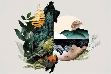 collage artistique d'images de nature avec arbres et éléments naturels,  formes géométriques - obrazy, fototapety, plakaty