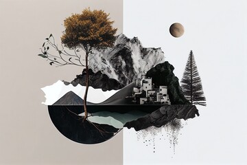 collage artistique d'images de nature avec arbres et montagne, éléments naturels,  formes géométriques