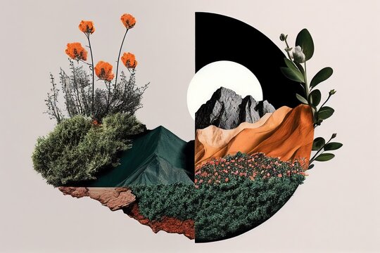 collage artistique d'images de nature avec arbres et montagne, éléments naturels,  formes géométriques