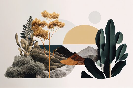 collage artistique d'images de nature avec arbres et &eacute;l&eacute;ments naturels,  formes g&eacute;om&eacute;triques