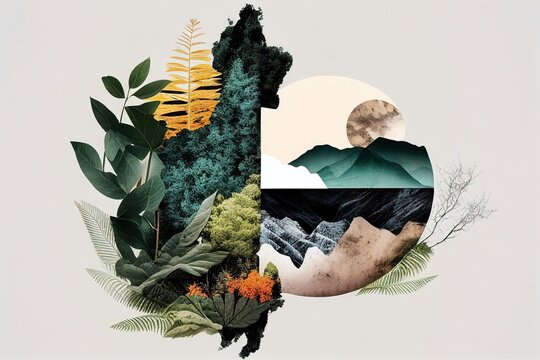collage artistique d'images de nature avec arbres et éléments naturels,  formes géométriques