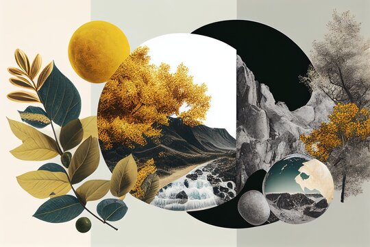 collage artistique d'images de nature avec arbres et montagne, &eacute;l&eacute;ments naturels,  formes g&eacute;om&eacute;triques