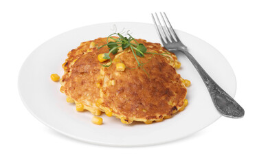 Plate with tasty corn pancakes on white background