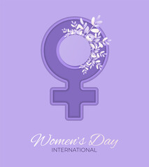 International women's day card with woman sign and spring flowers. 