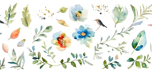 bird, flowers, frame, twigs, watercolor painting, landscape, modern, minimalist