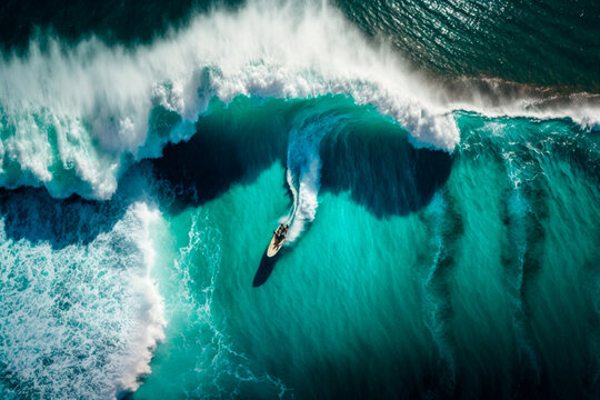 Aerial view of a surfer on a red surfboard in the ocean on a sunny day, generative ai