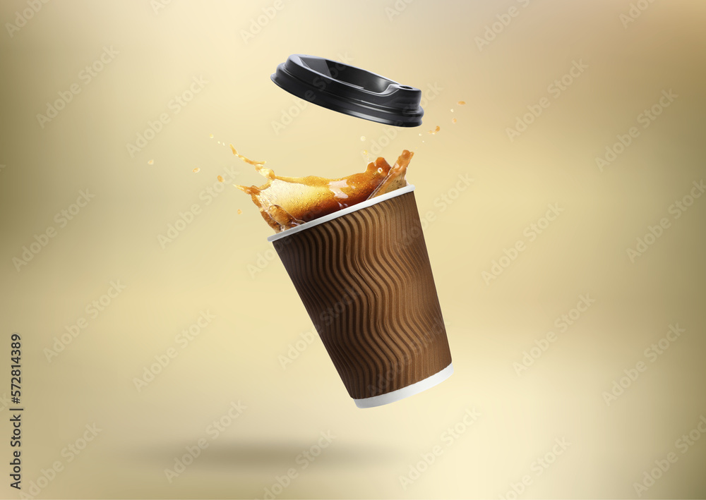 Sticker Takeaway paper cup with splashing coffee falling on beige background