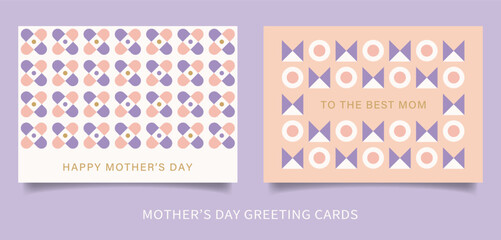 Set of greeting cards for Mother's Day. Horizontal card designs for Mother's day with geometric MOM and floral pattern in pastel pink and purple colors.
