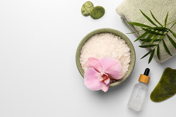 Plakat Flat lay composition with different spa products on white background. Space for text