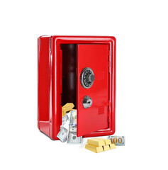 Open red steel safe with money and gold bars on white background