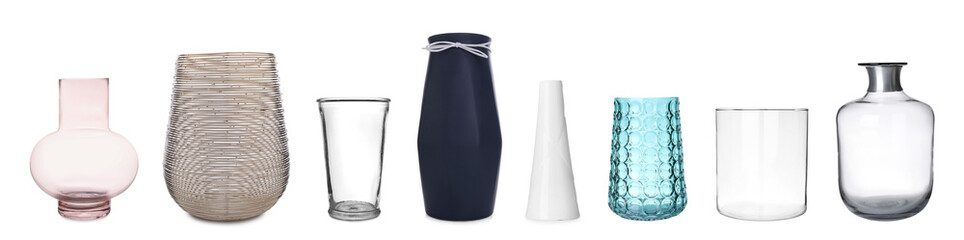 Set of different stylish vases on white background